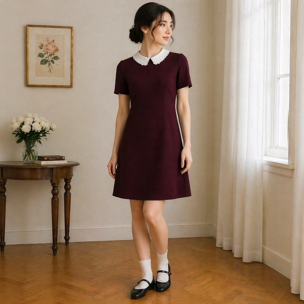 ELLE Shift Dress XS Burgundy‎ Peter Pan Embroidered Collar Short Sleeve Keyhole